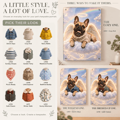 Custom pet portrait guide showing outfit selection options and acrylic memorial sign examples featuring a cute French bulldog angel.