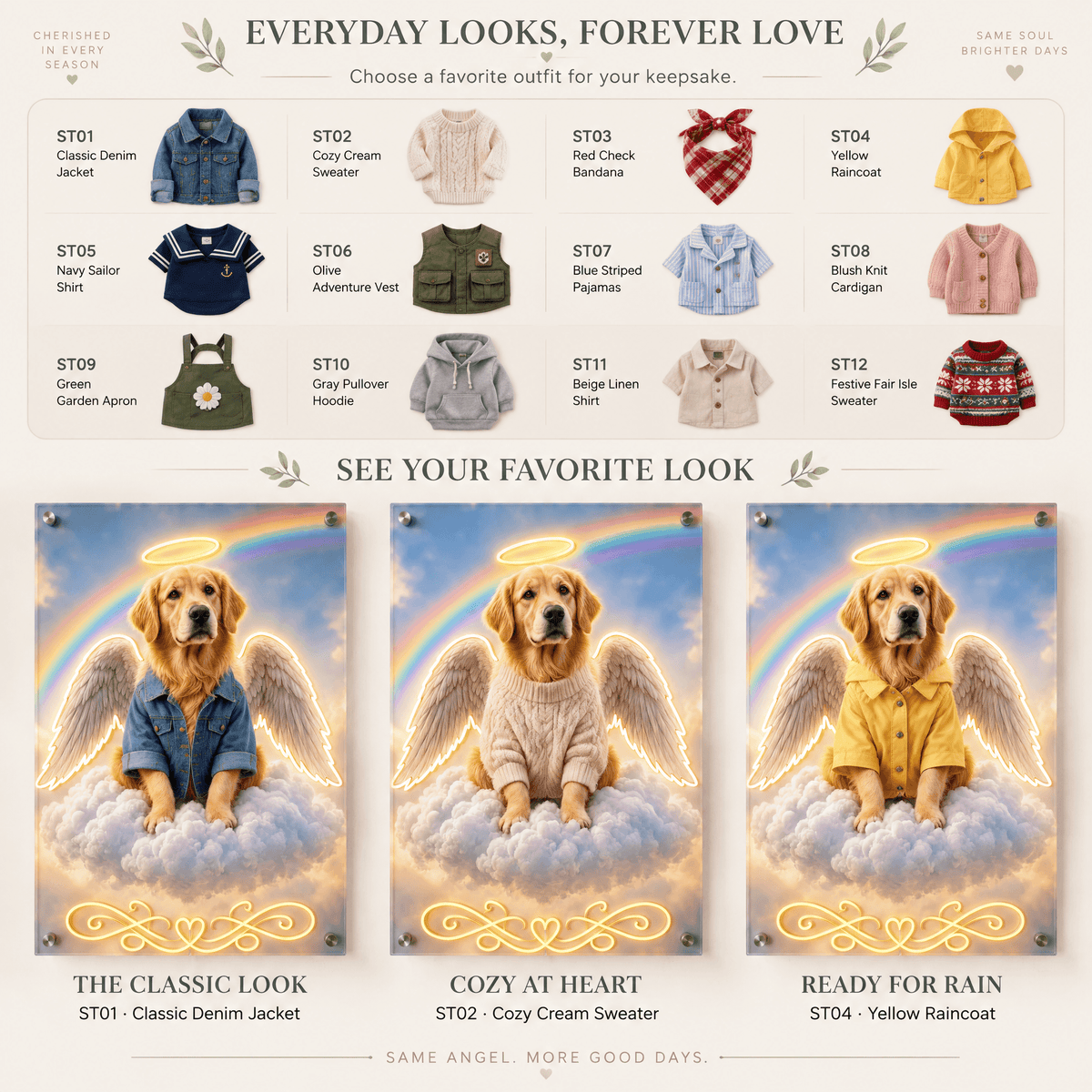 Custom pet memorial neon sign step 2 guide showing outfit selections like denim jacket, cozy sweater, and raincoat on an angel dog portrait.