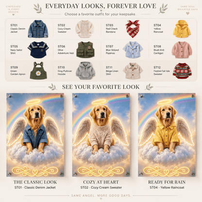 Custom pet memorial neon sign step 2 guide showing outfit selections like denim jacket, cozy sweater, and raincoat on an angel dog portrait.