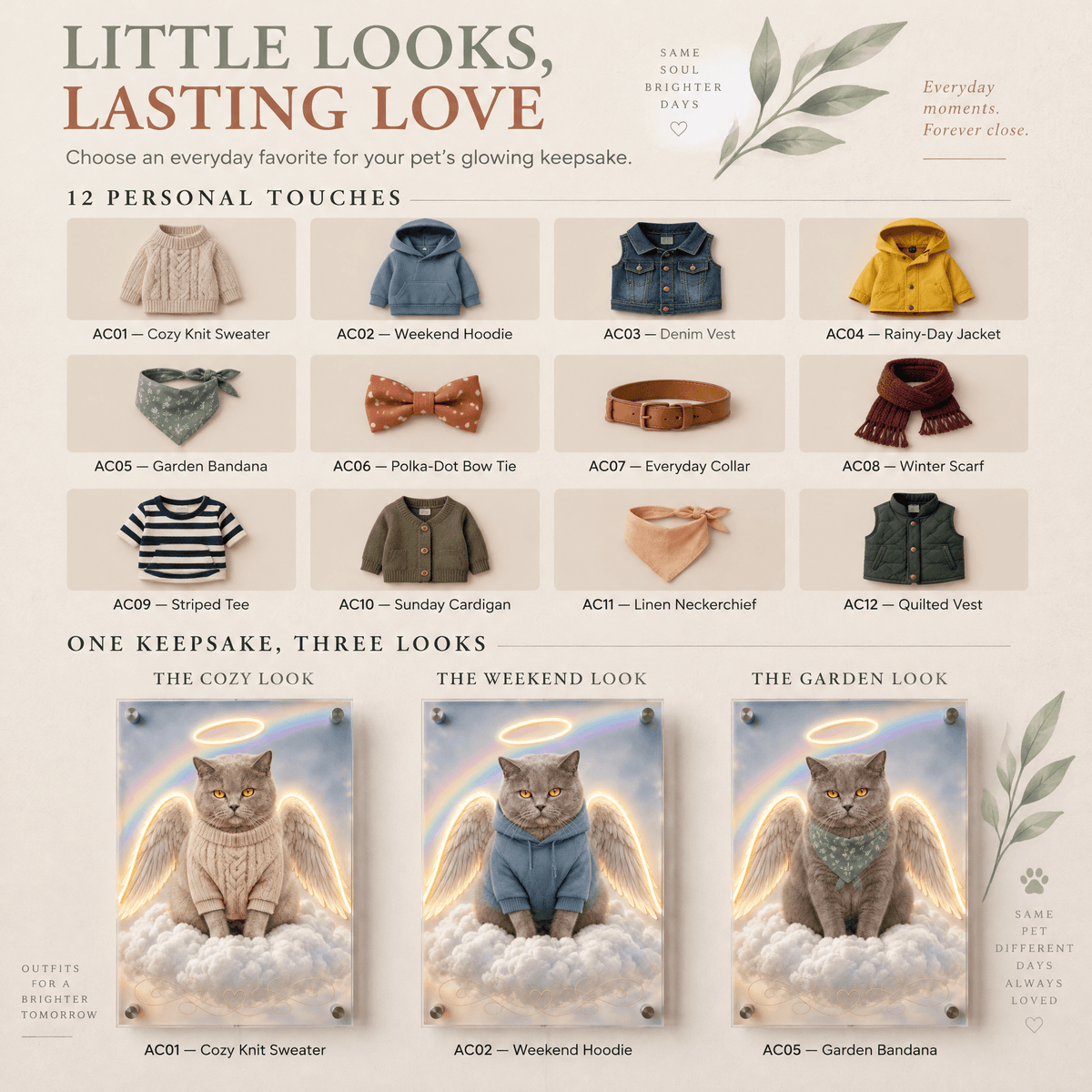 Custom pet memorial neon sign ordering guide step 2 showing 12 outfit options including knit sweater, hoodie, and bandana on angel cat portraits.