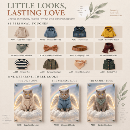 Custom pet memorial neon sign ordering guide step 2 showing 12 outfit options including knit sweater, hoodie, and bandana on angel cat portraits.