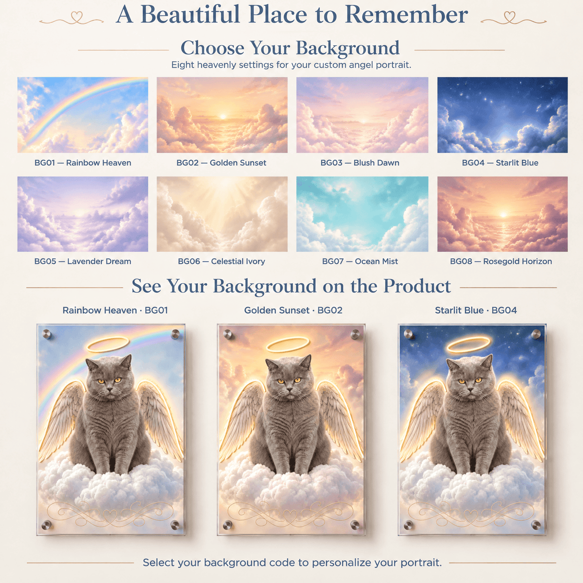 Custom pet memorial background options guide featuring 8 heavenly sky designs and angel cat acrylic illuminated wall art samples.