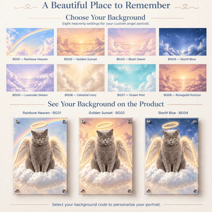 Custom pet memorial background options guide featuring 8 heavenly sky designs and angel cat acrylic illuminated wall art samples.