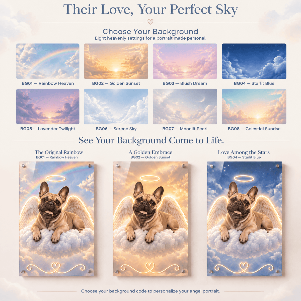 Personalized pet memorial guide showing Step 3 heavenly sky background selections with glowing angel dog acrylic print examples.