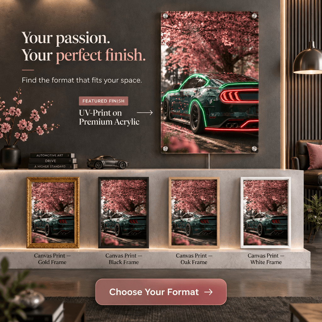 Product options guide for sports car wall art under pink cherry blossom trees, featuring UV-print acrylic LED neon and framed canvas formats.