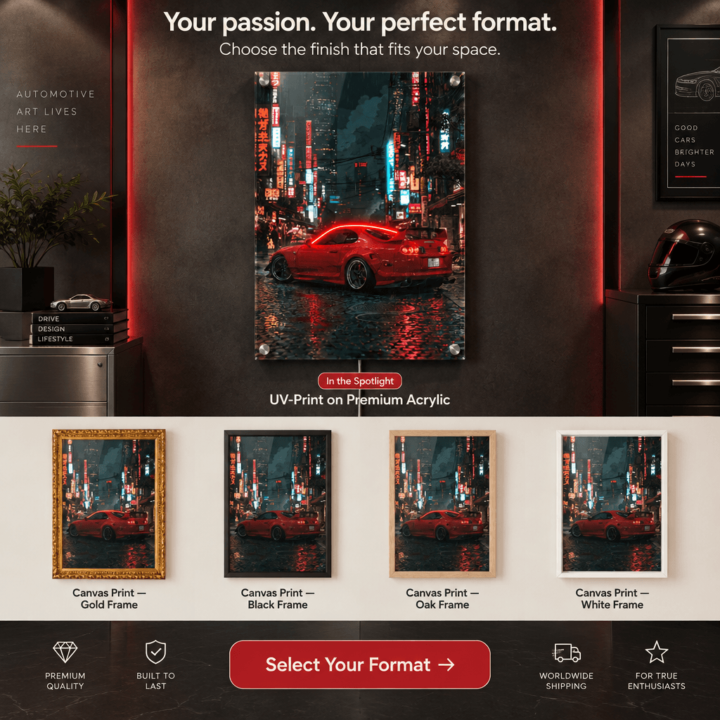 Product format comparison guide for illuminated acrylic wall art and framed canvas prints in gold, black, oak, and white frames with red sports car art.