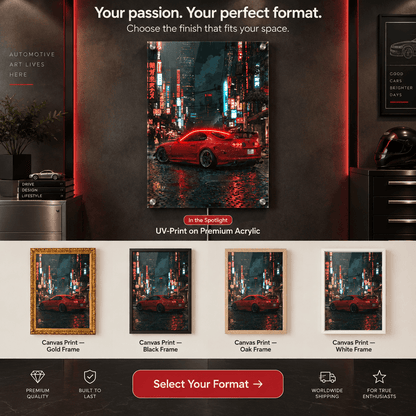 Product format comparison guide for illuminated acrylic wall art and framed canvas prints in gold, black, oak, and white frames with red sports car art.