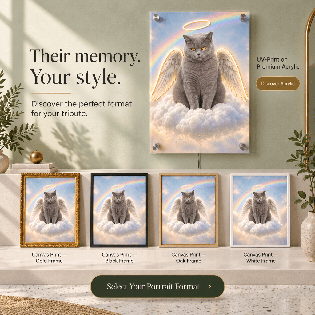 Custom pet memorial tribute formats guide comparing glowing UV acrylic print and framed canvas options in gold, black, oak, and white.