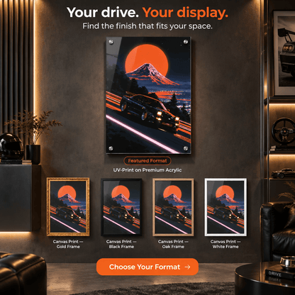 Choose your format product guide showing acrylic wall art and framed canvas print options for Japanese mountain drift sports car wall decor.
