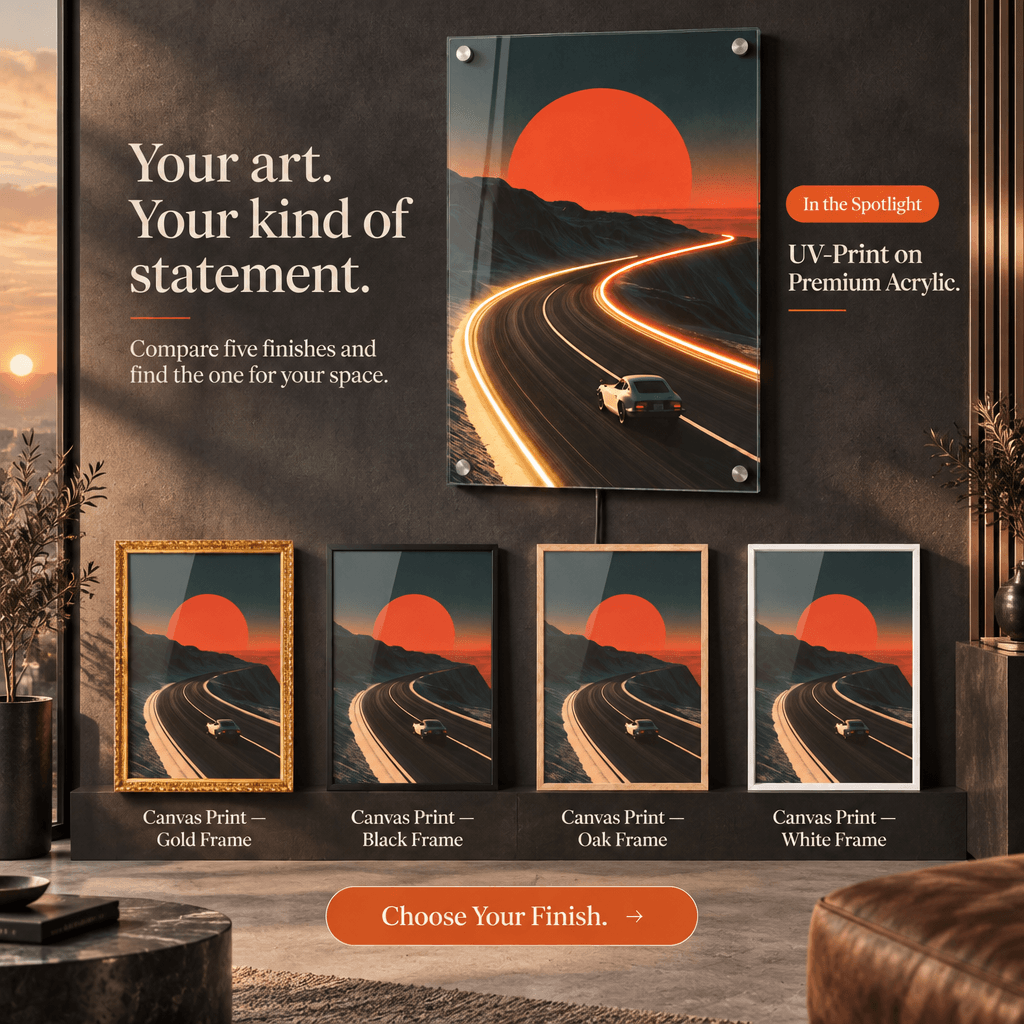 Product finish options guide comparing UV-print acrylic sign with gold, black, oak, and white framed canvas prints of retro sports car sunset drive.