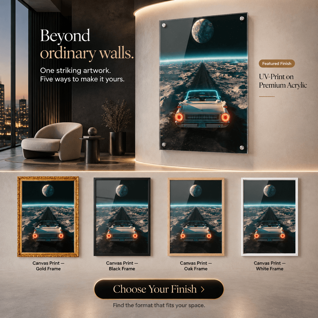 Product finish options guide showing sci-fi space car wall art in premium acrylic standoff print and gold, black, oak, and white framed canvas styles.