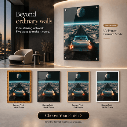 Product finish options guide showing sci-fi space car wall art in premium acrylic standoff print and gold, black, oak, and white framed canvas styles.