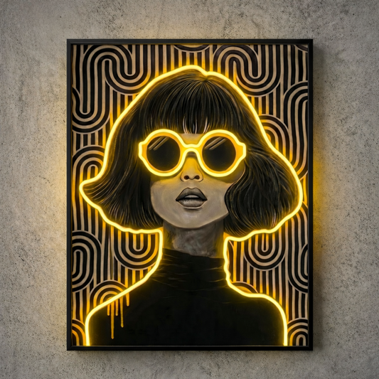 Girl with Yellow Glasses Neon Wall Art – UV Printed Custom LED Neon Artwork