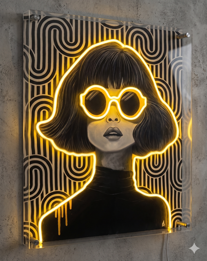 Girl with Yellow Glasses Neon Wall Art – UV Printed Custom LED Neon Artwork