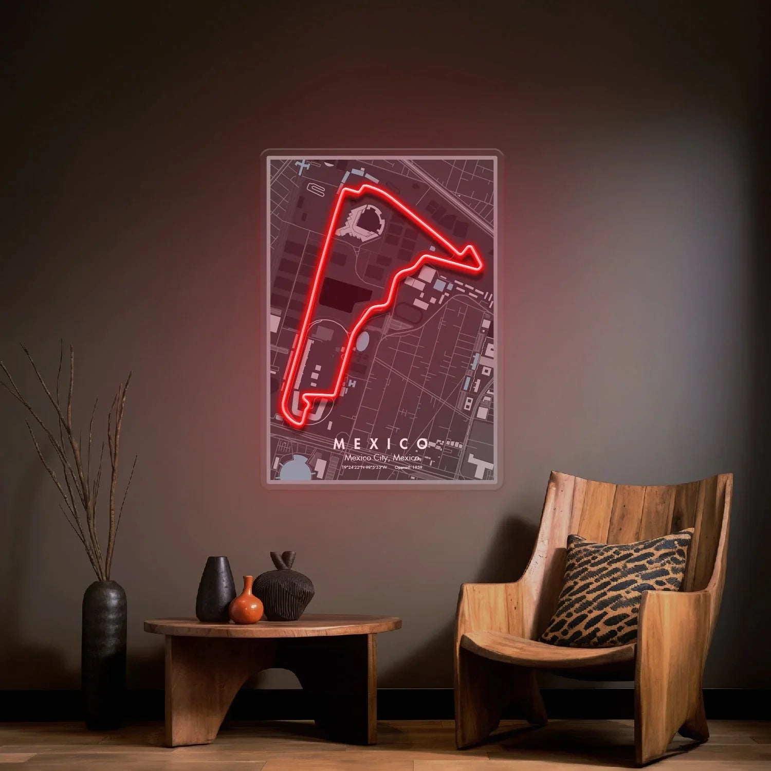 Modern living room with wooden chair, table, decorative vases, and illuminated Mexico City Formula 1 circuit map poster
