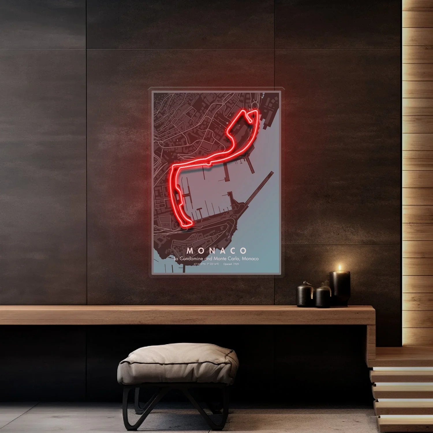 Modern dark room with neon-lit Monaco Grand Prix circuit map artwork on wall above wooden bench and stool