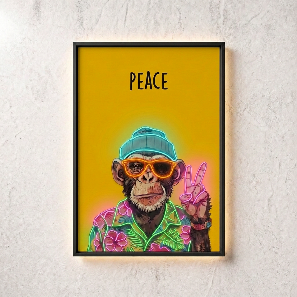 Peace Monkey Neon Wall Art – UV Printed Custom LED Neon Artwork