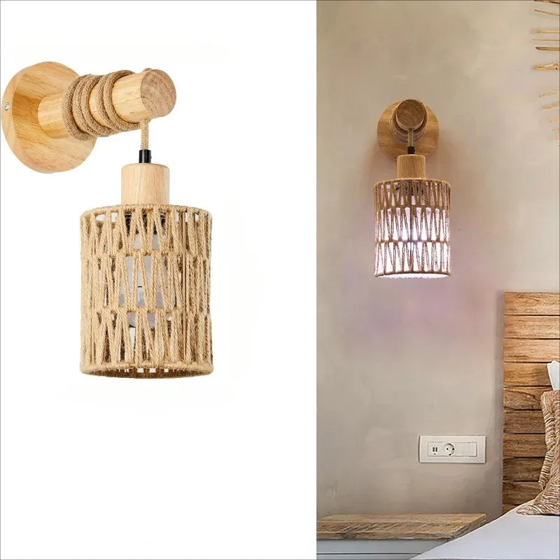 Hemp Rope Bedhead Wall Lamp Cylindrical Light For Bedroom