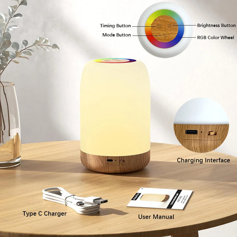 LED Touch Lamp RGB Dimmable Wood Grain Night Light USB