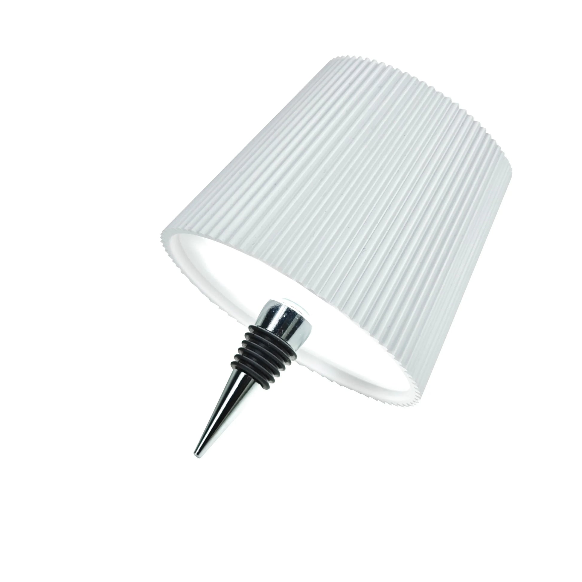White ribbed lampshade with a chrome and black lamp holder, isolated on white background