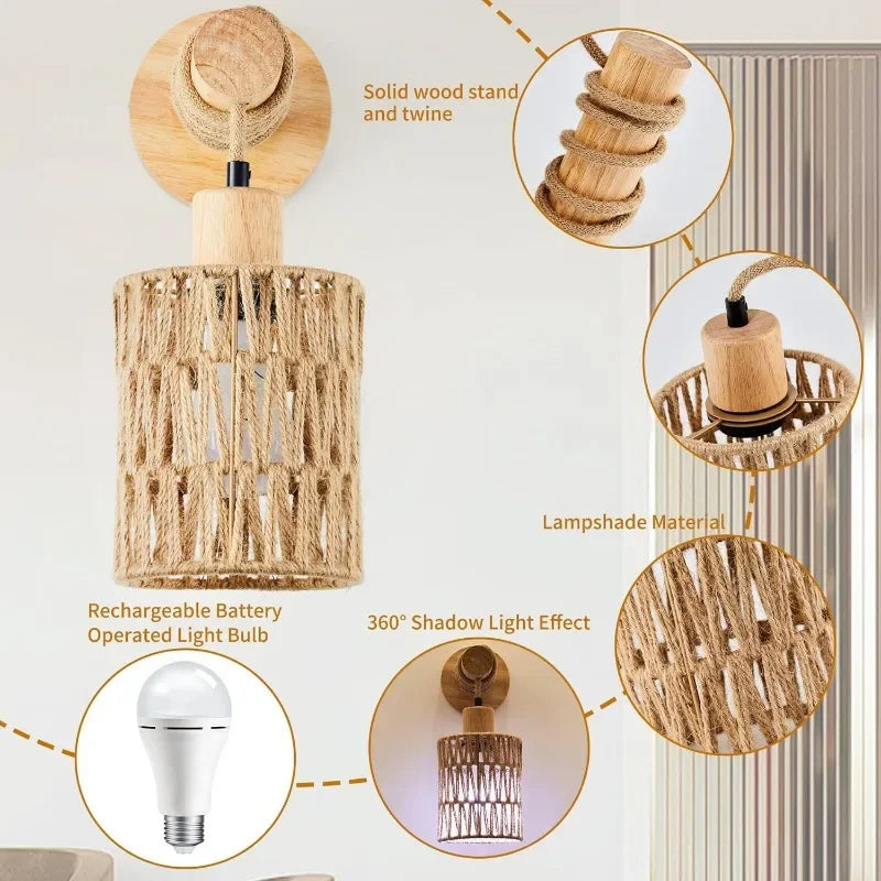 Hemp Rope Bedhead Wall Lamp Cylindrical Light For Bedroom