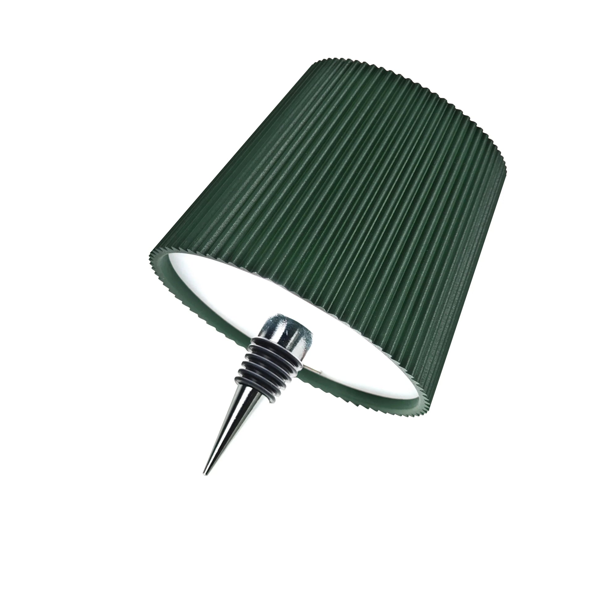 Green ribbed cylindrical wine bottle stopper with silver tapered metal top