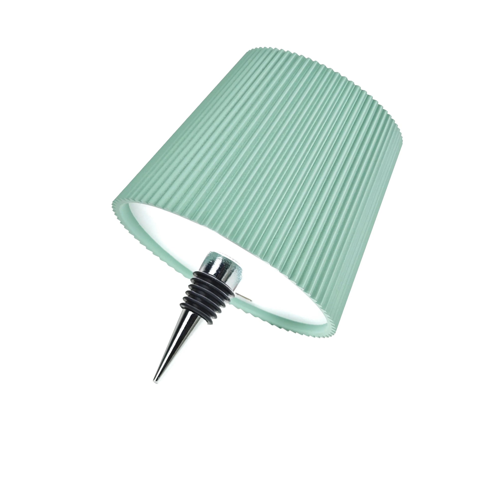 Metal wine bottle stopper with teal ribbed silicone cap and tapered chrome tip
