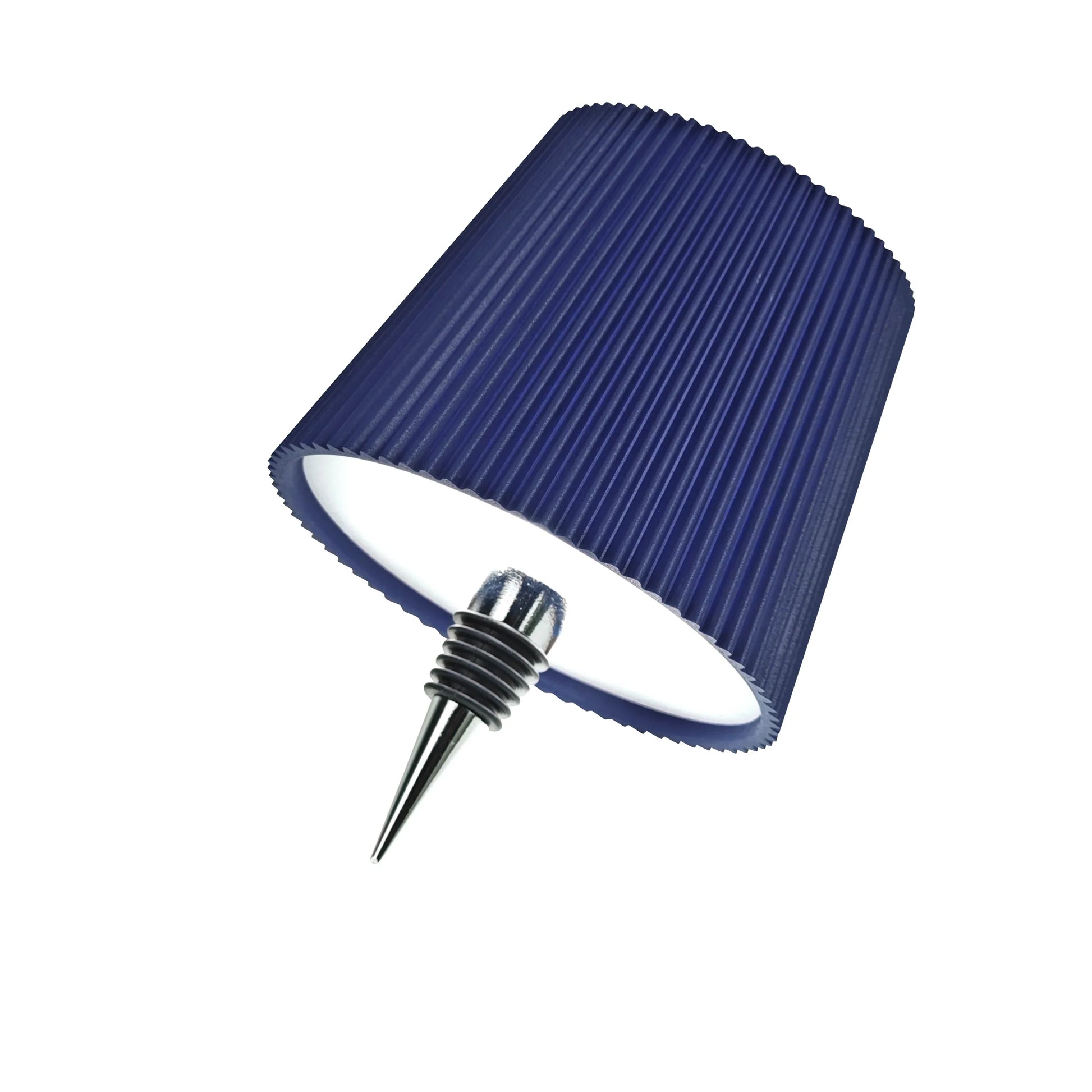 Blue ribbed lampshade with pointed silver lamp holder on white background