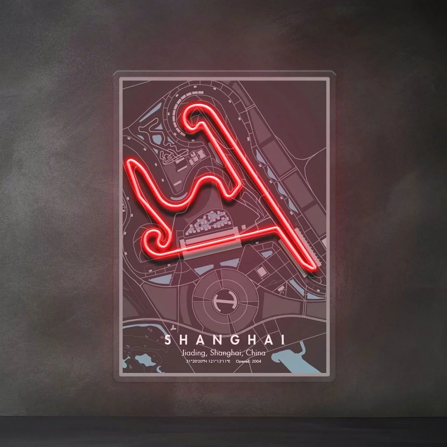 Shanghai Formula 1 circuit map with glowing red neon track layout on dark wall