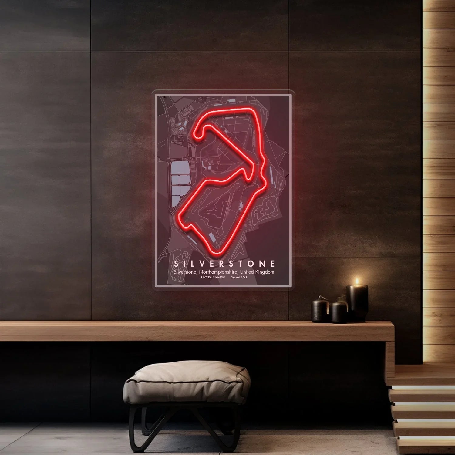 Silverstone Formula 1 circuit map wall art with red neon track outline in modern room
