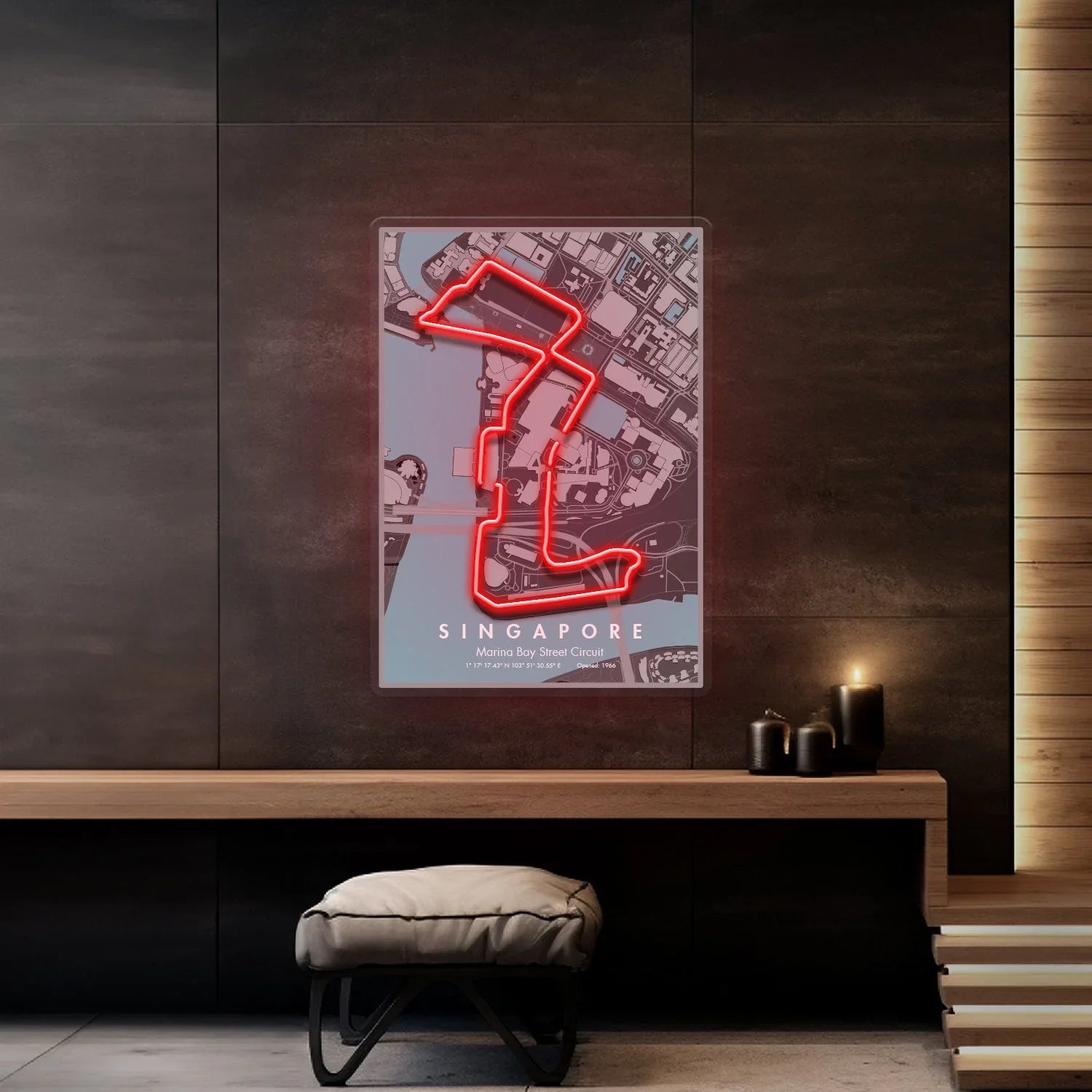 Neon-lit map of Singapore Marina Bay Street Circuit displayed on dark wall in modern interior