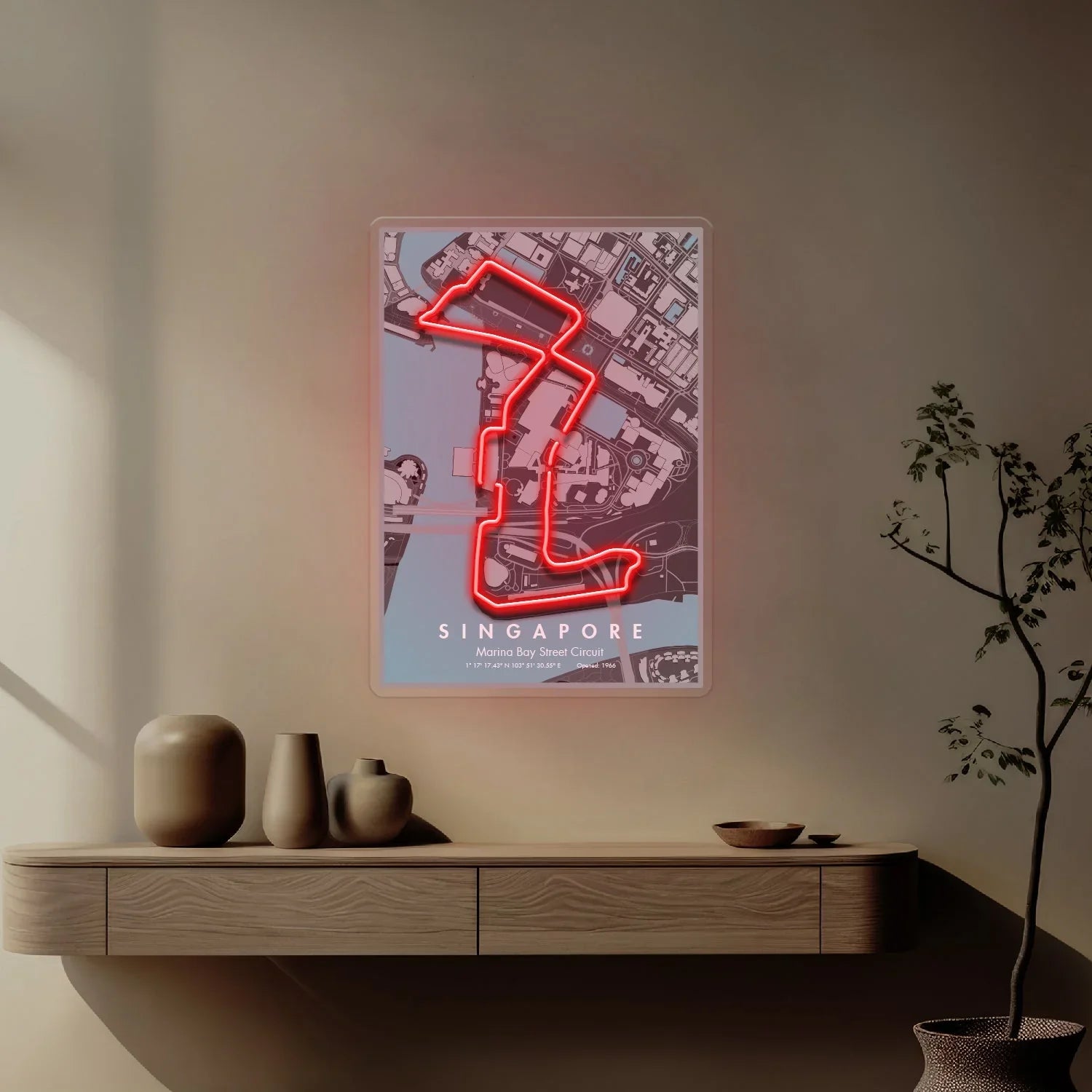 Wall art of Singapore Marina Bay Street Circuit with red neon race track outline in minimal room