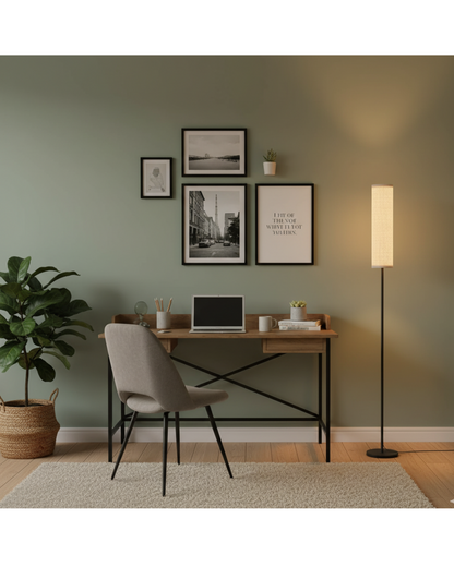Tall 126LEDs floor lamp with a fabric shade and magnetic remote, adjustable 2800K-7000K color in a home office.
