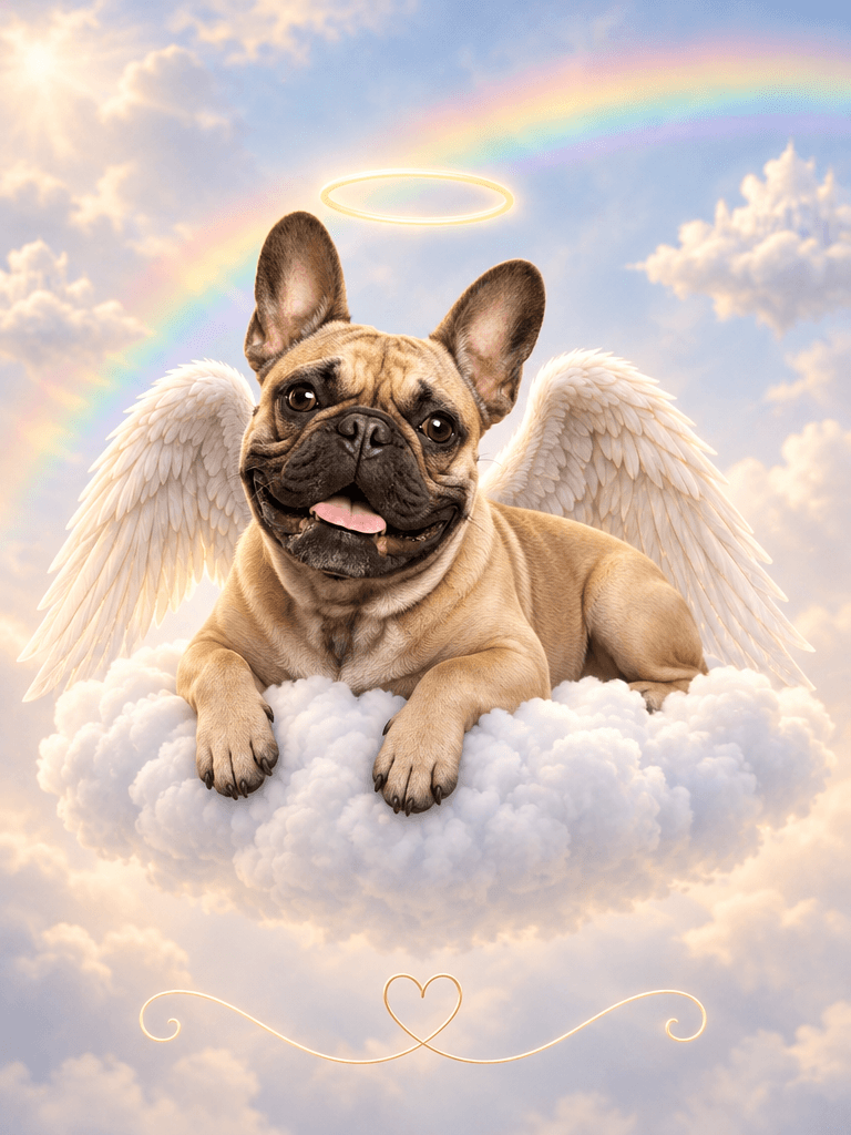 Custom pet memorial art featuring a French bulldog angel with wings and golden halo resting on clouds under a rainbow.