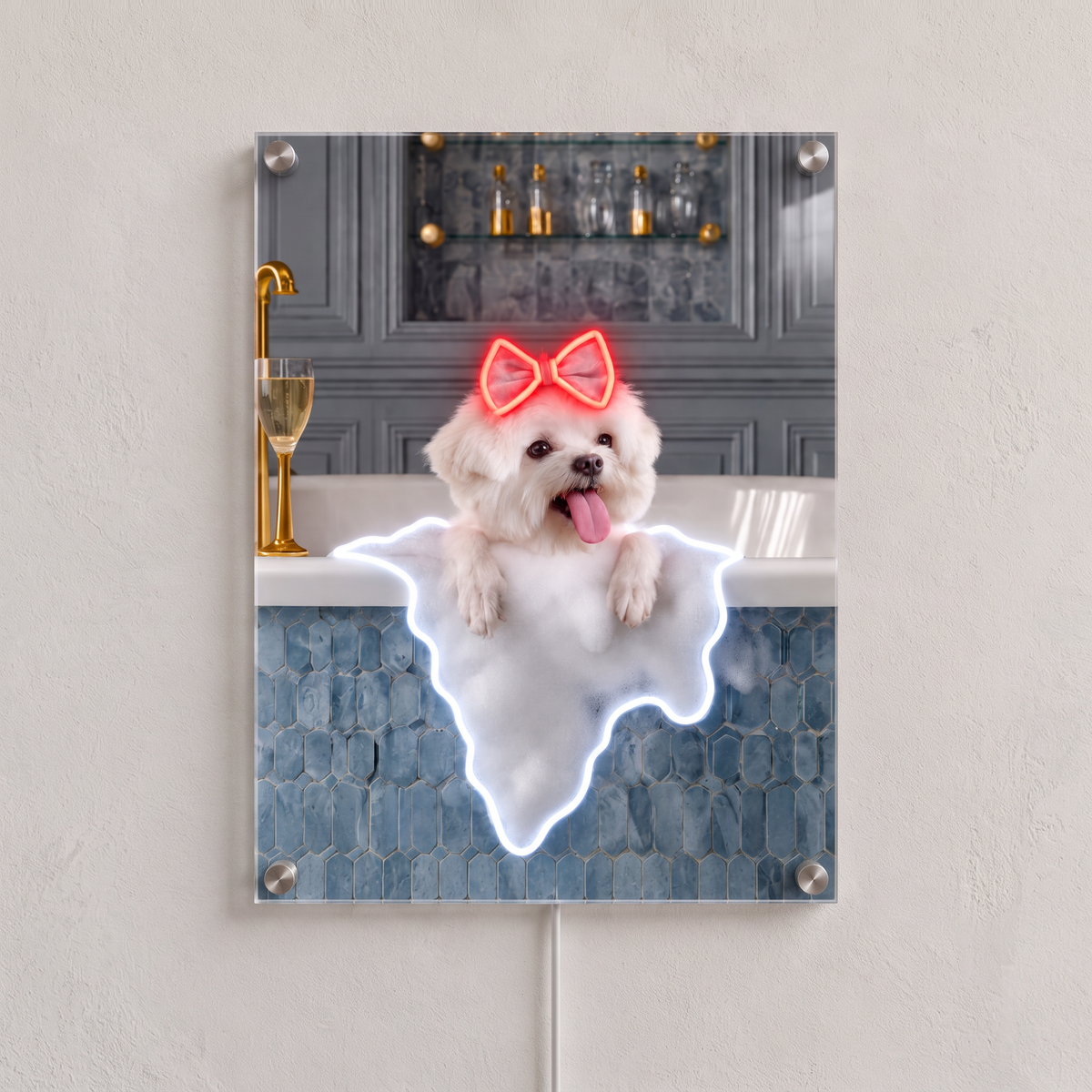 Custom Pet Portrait Neon Wall Art in Bathroom – Personalised Dog & Cat LED Neon Art