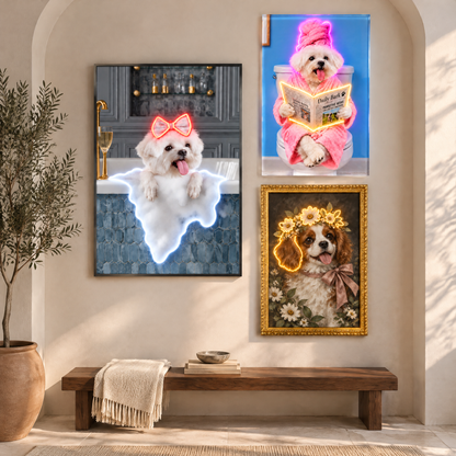 Custom Pet Portrait Neon Wall Art in Bathroom – Personalised Dog & Cat LED Neon Art
