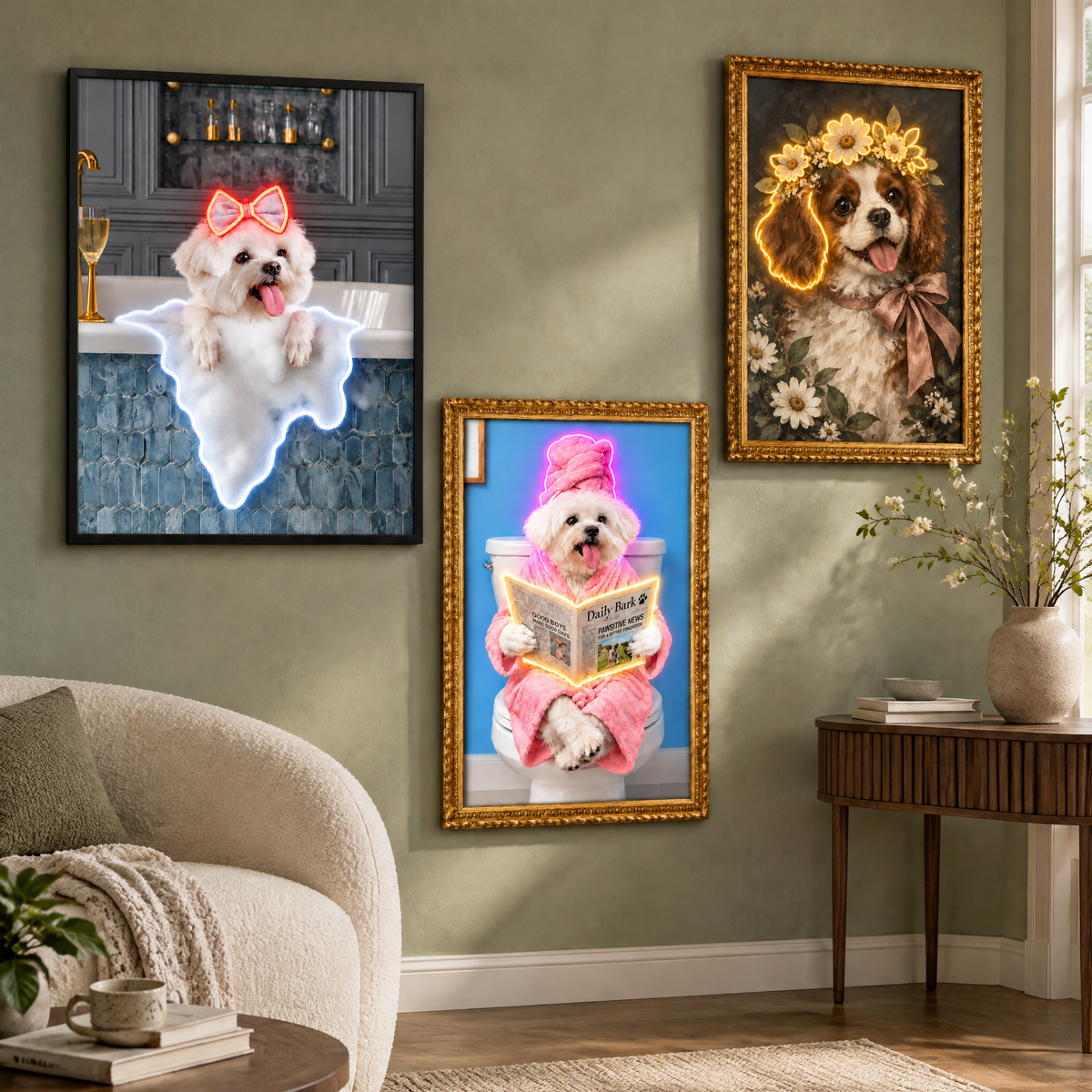 Custom Pet Portrait Neon Wall Art in Bathroom – Personalised Dog & Cat LED Neon Art