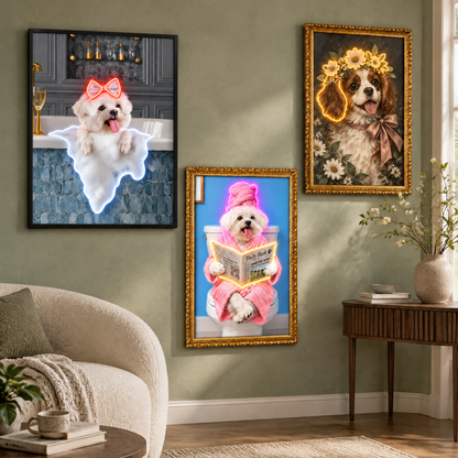 Custom Pet Portrait Neon Wall Art in Bathroom – Personalised Dog & Cat LED Neon Art
