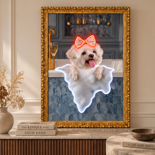 Custom Pet Portrait Neon Wall Art in Bathroom – Personalised Dog & Cat LED Neon Art